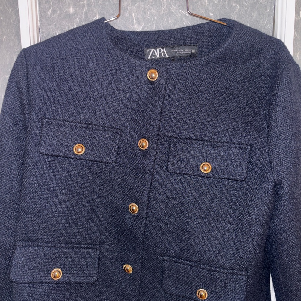 Zara Women's Navy Tweed Jacket with Gold Buttons